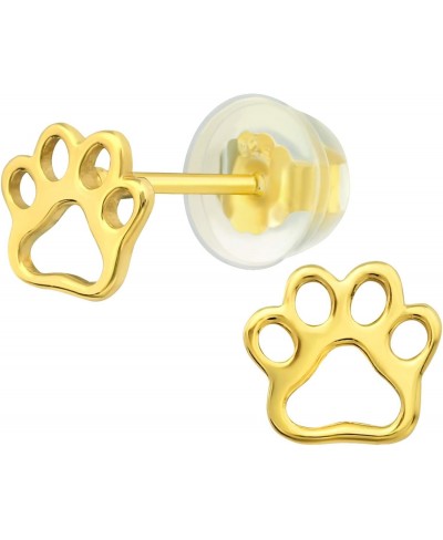 Hypoallergenic 925 14K Gold Plated Silver Puppy Dog Cat Pet Paw Print Stud Earrings with Silicone Coated Gold Plated Silver P...