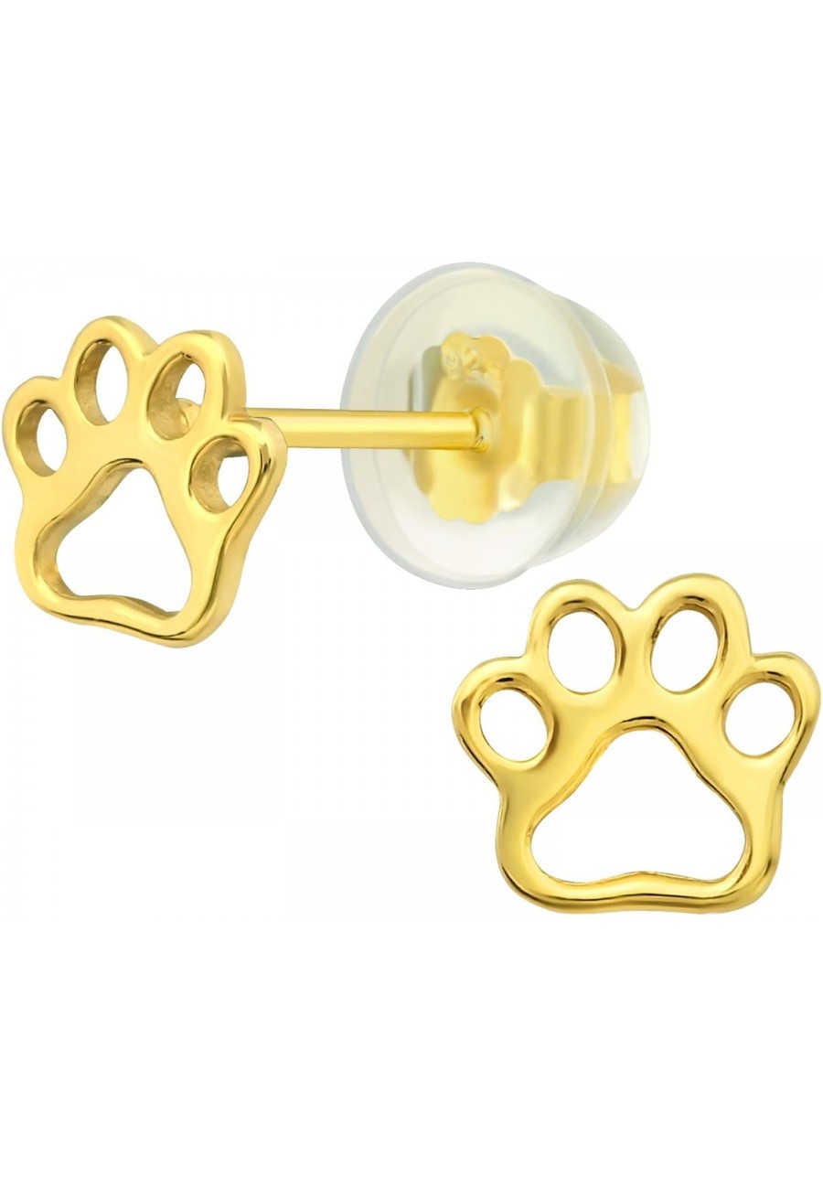 Hypoallergenic 925 14K Gold Plated Silver Puppy Dog Cat Pet Paw Print Stud Earrings with Silicone Coated Gold Plated Silver P...