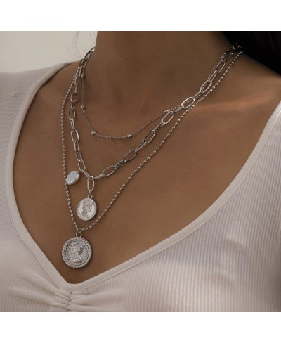 Portrait Coin Pendant Necklace Paperclip Link Chain Necklace Satellite Beaded Chain Necklace for Women Girls Boho Multilayere...