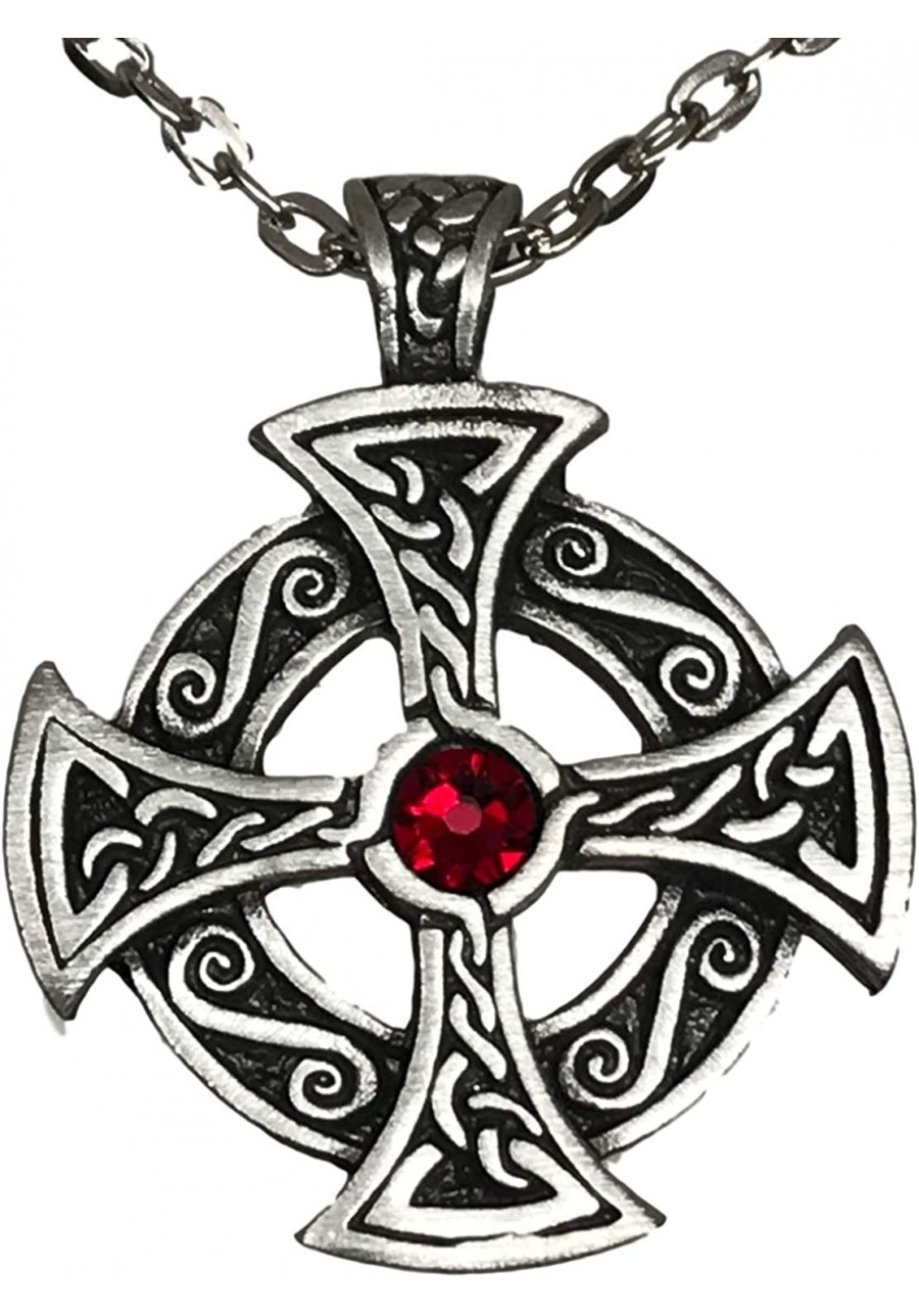 Pewter Solar Cross Celtic Pendant on Chain w/Swarovski Crystal Deep Red January Birthday $11.17 Pendants & Coins