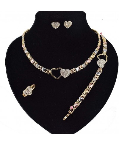 Women's Hugs & Kisses XOXO Iced Heart With Stones XOXO Tri Color 4 Piece Necklace Bracelet Earring Ring Xo Stampato Set Real ...