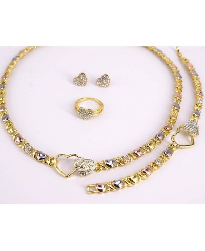 Women's Hugs & Kisses XOXO Iced Heart With Stones XOXO Tri Color 4 Piece Necklace Bracelet Earring Ring Xo Stampato Set Real ...