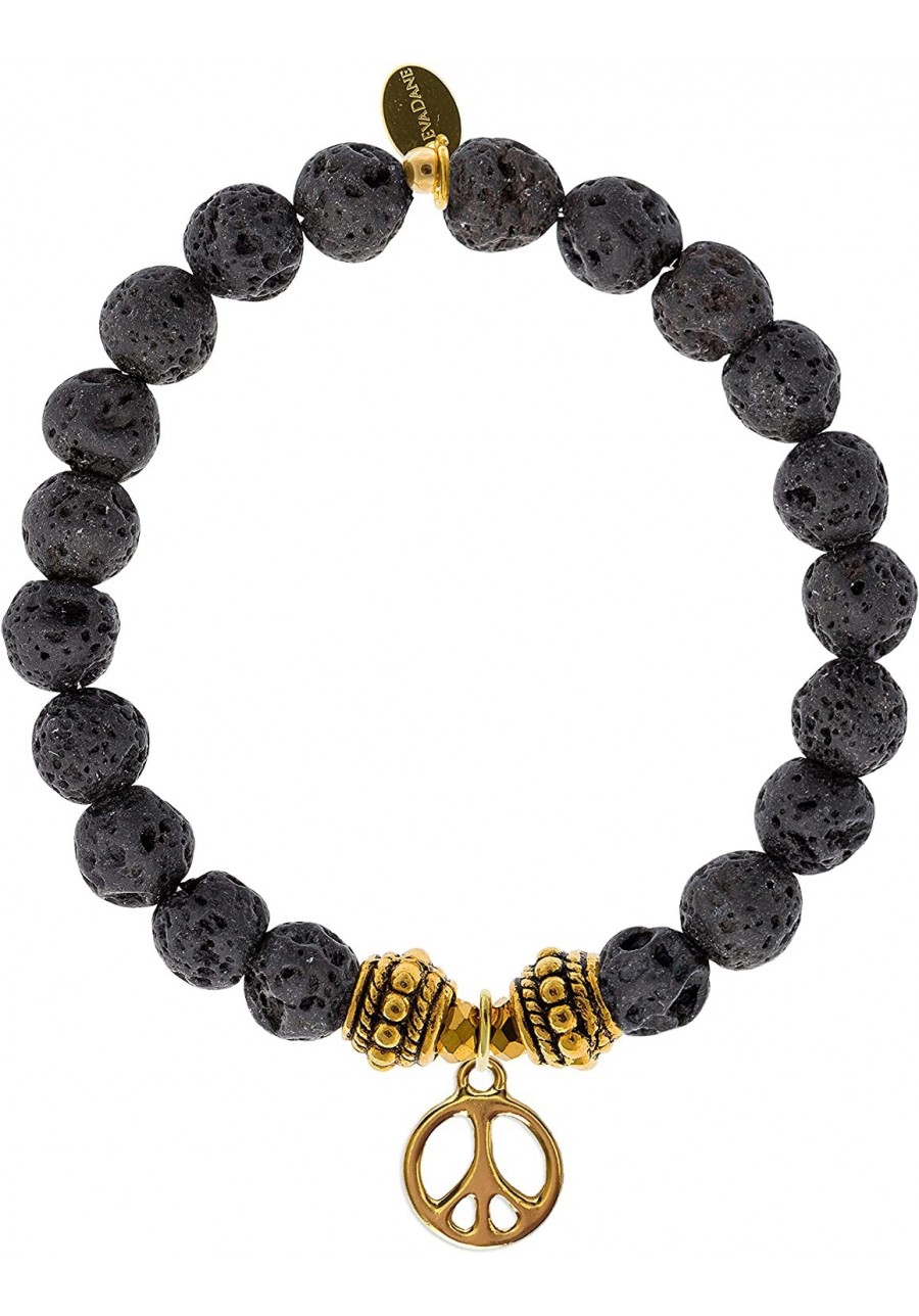 Natural Lava Stone Gemstone Rope Bead Peace Sign Charm Stretch Bracelet $51.16 Strand