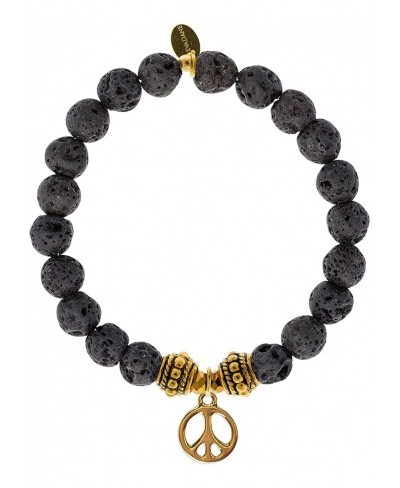 Natural Lava Stone Gemstone Rope Bead Peace Sign Charm Stretch Bracelet $51.16 Strand