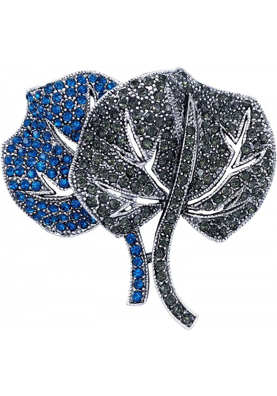 2 Leaf Blue Crystal Brooch Pin Accessory Antiqued Silver Tone $6.16 Brooches & Pins