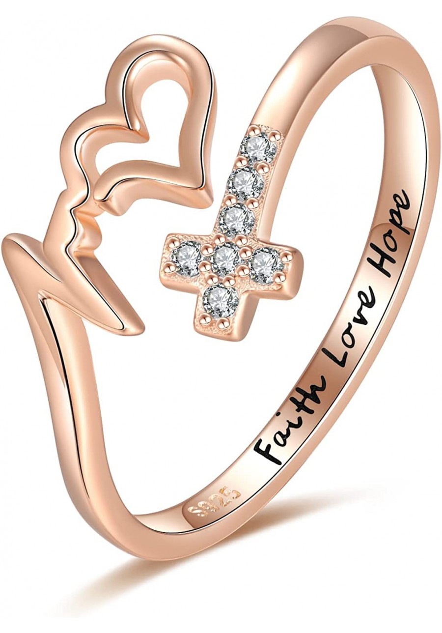 S925-Sterling-Silver Faith Hope Love Ring - Cross Rings for Women Adjustable Inspirational Wrap Jewelry Brithday Christmas Gi...