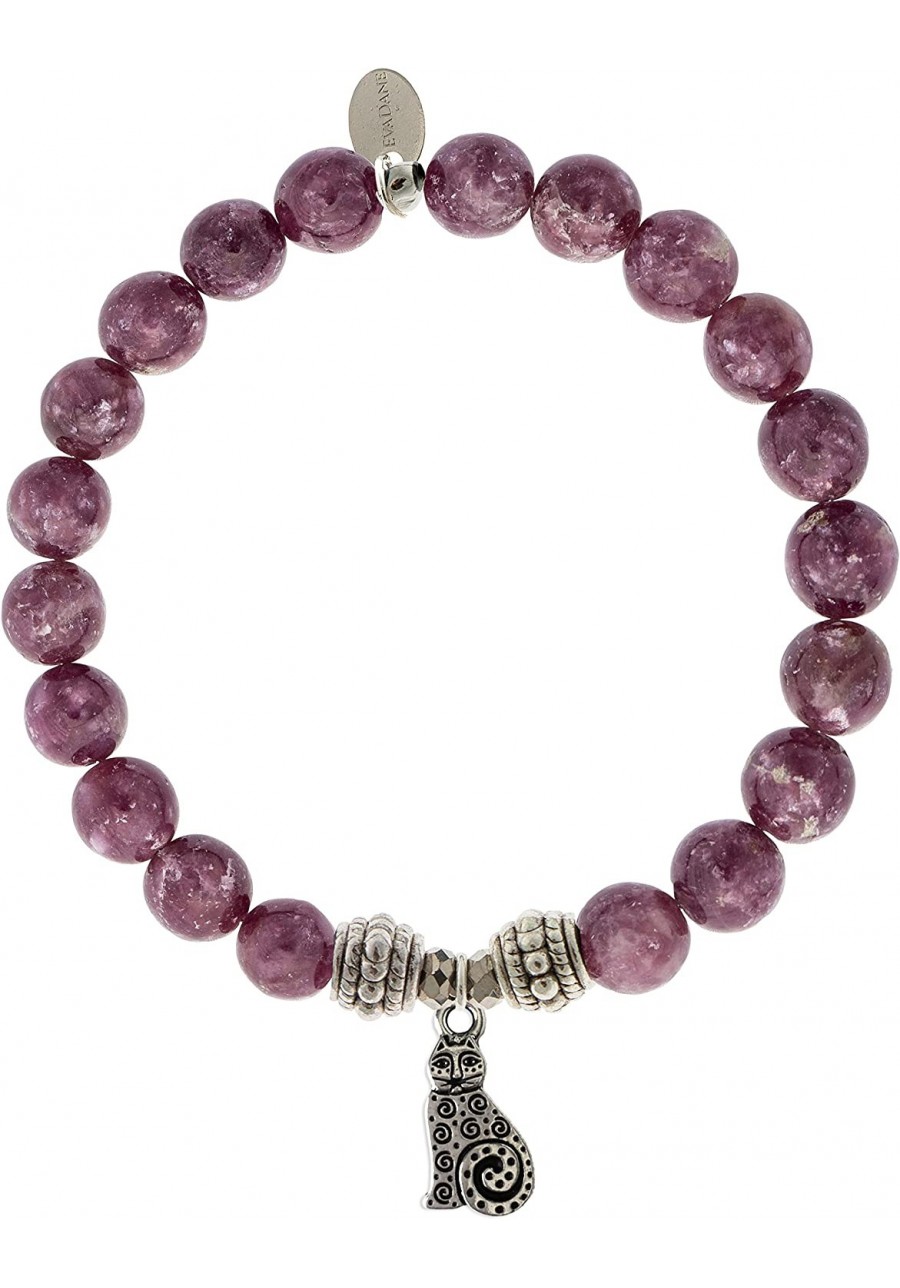 Natural Lepidolite Gemstone Rope Bead Cat Charm Stretch Bracelet $67.04 Strand