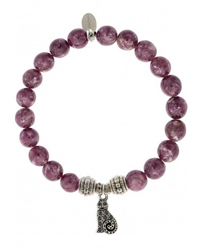 Natural Lepidolite Gemstone Rope Bead Cat Charm Stretch Bracelet $67.04 Strand