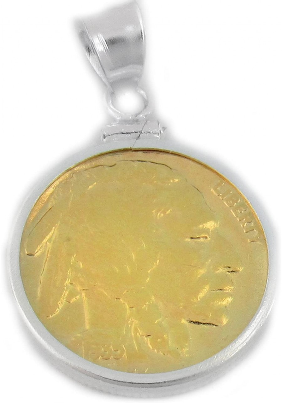 Indian Head Buffalo Nickel Sterling Silver Coin Edge Coin Bezel Pendant with 22k Gold Plated Coin $30.89 Pendants & Coins