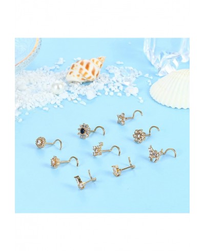 9Pcs 20G Stainless Steel Nose Rings L Shape Bone Screw Nose Studs for Women Men Cubic Zirconia Moon Star Flower Butterfly Nos...