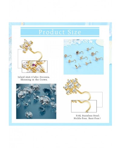 9Pcs 20G Stainless Steel Nose Rings L Shape Bone Screw Nose Studs for Women Men Cubic Zirconia Moon Star Flower Butterfly Nos...