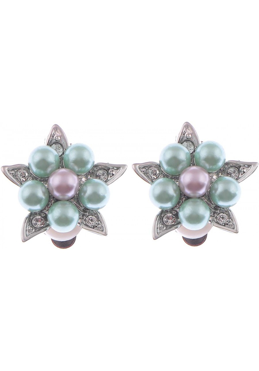 Silvery Tone Faux Pearls Shine Clear Rhinestones Flower Star Clip-On Earrings $12.58 Clip-Ons