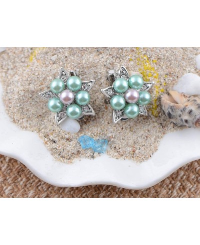 Silvery Tone Faux Pearls Shine Clear Rhinestones Flower Star Clip-On Earrings $12.58 Clip-Ons