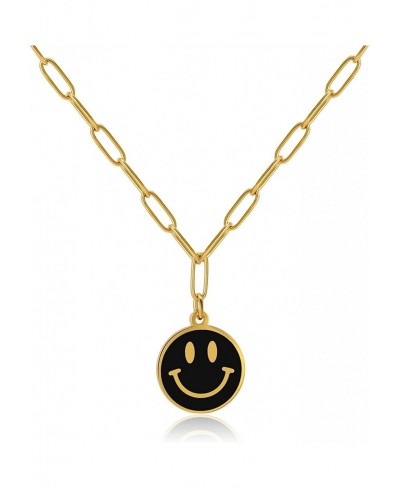 Lucky Smiley Face Pendant Necklace 18K Gold Plated Stainless Steel PaperClip Necklace with Luck Smile Choker Happy Preppy Nec...