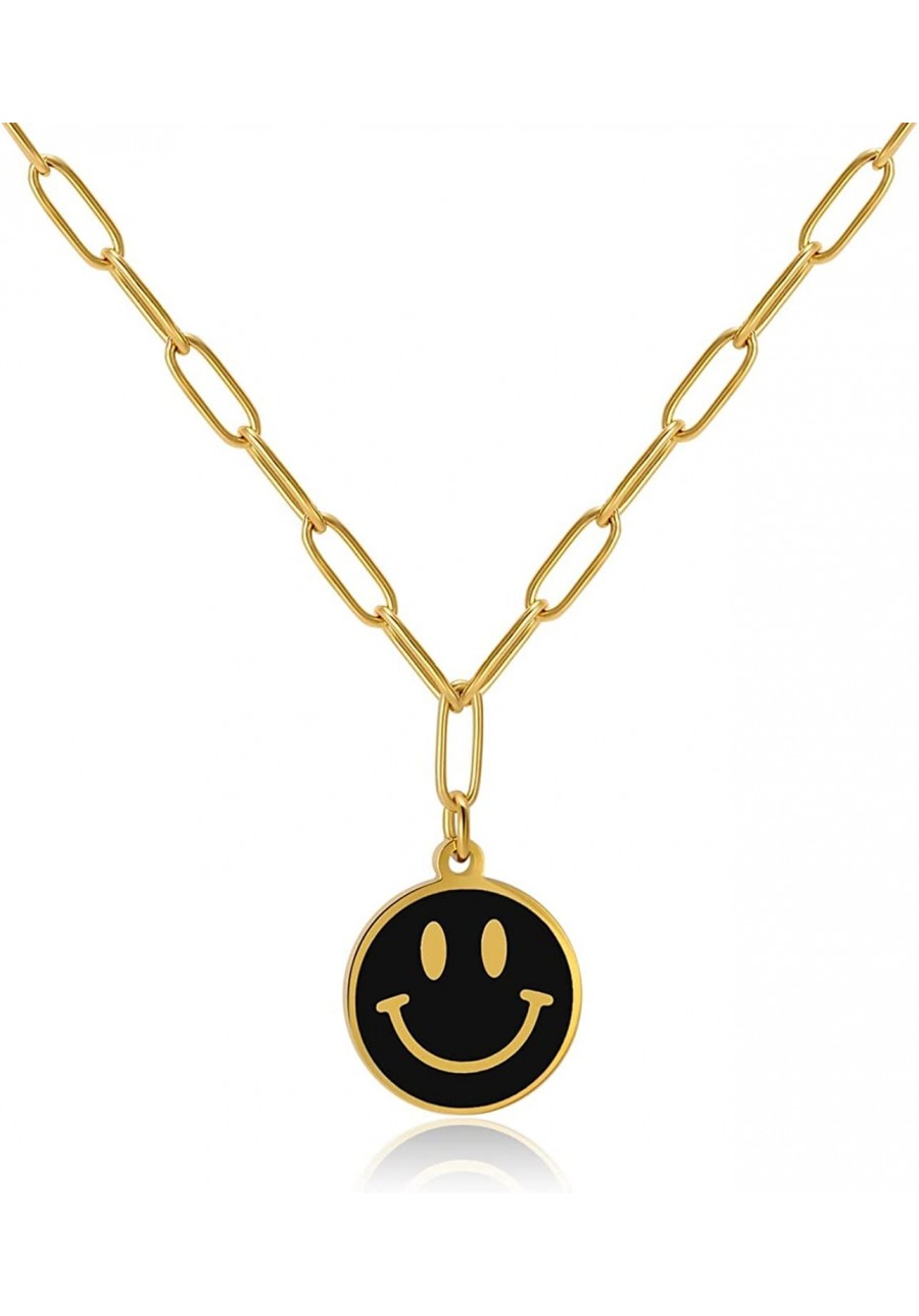 Lucky Smiley Face Pendant Necklace 18K Gold Plated Stainless Steel PaperClip Necklace with Luck Smile Choker Happy Preppy Nec...