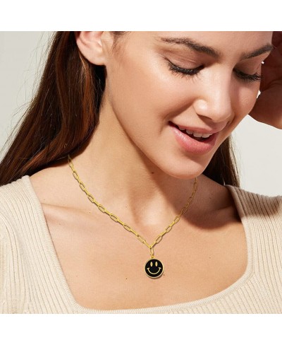 Lucky Smiley Face Pendant Necklace 18K Gold Plated Stainless Steel PaperClip Necklace with Luck Smile Choker Happy Preppy Nec...