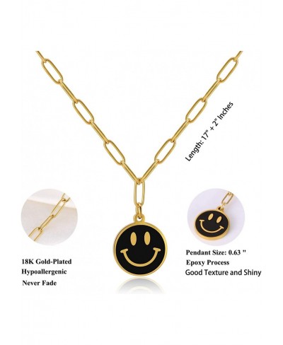 Lucky Smiley Face Pendant Necklace 18K Gold Plated Stainless Steel PaperClip Necklace with Luck Smile Choker Happy Preppy Nec...