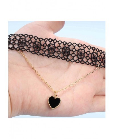 Boho Layered Lace Heart Choker Necklace Black Wide Lace Necklace Flower Heart Pendant Necklace Chain Gothic Necklace Jewelry ...