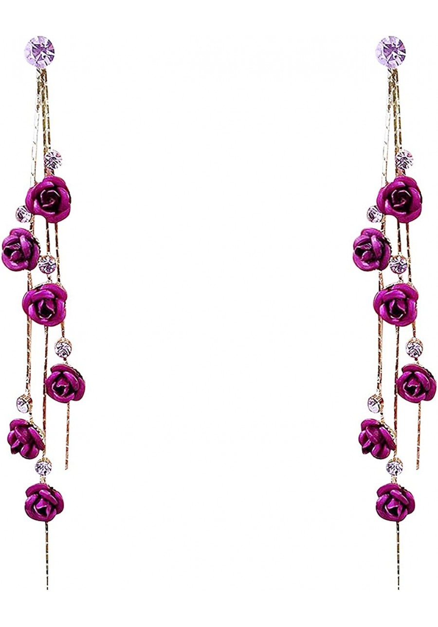 3D Rose Flower Crystal Long Tassel Drop Earrings for Women CZ Rhinestone Rose Fashion Purple Red Long Tassel Dangle Earrings ...