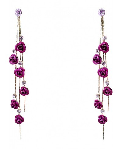 3D Rose Flower Crystal Long Tassel Drop Earrings for Women CZ Rhinestone Rose Fashion Purple Red Long Tassel Dangle Earrings ...