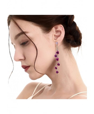 3D Rose Flower Crystal Long Tassel Drop Earrings for Women CZ Rhinestone Rose Fashion Purple Red Long Tassel Dangle Earrings ...