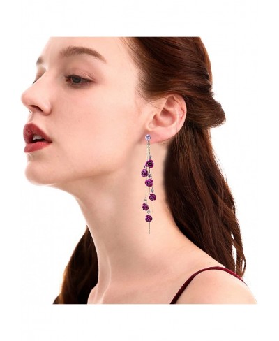 3D Rose Flower Crystal Long Tassel Drop Earrings for Women CZ Rhinestone Rose Fashion Purple Red Long Tassel Dangle Earrings ...