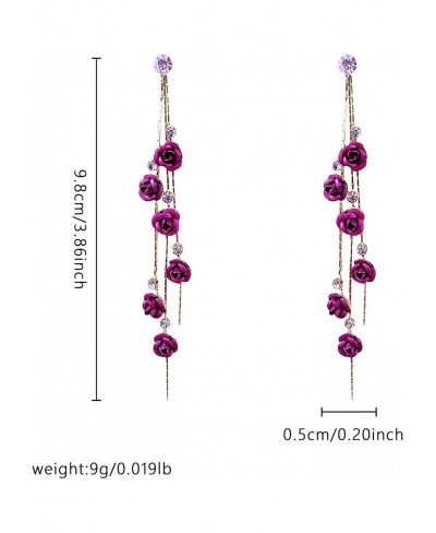 3D Rose Flower Crystal Long Tassel Drop Earrings for Women CZ Rhinestone Rose Fashion Purple Red Long Tassel Dangle Earrings ...