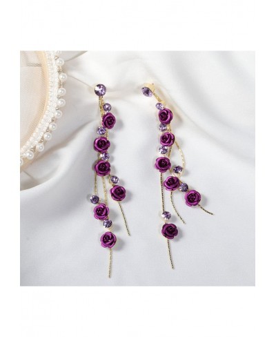 3D Rose Flower Crystal Long Tassel Drop Earrings for Women CZ Rhinestone Rose Fashion Purple Red Long Tassel Dangle Earrings ...