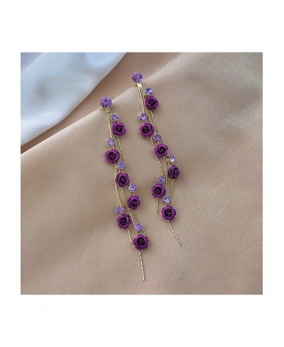 3D Rose Flower Crystal Long Tassel Drop Earrings for Women CZ Rhinestone Rose Fashion Purple Red Long Tassel Dangle Earrings ...