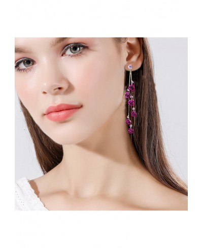 3D Rose Flower Crystal Long Tassel Drop Earrings for Women CZ Rhinestone Rose Fashion Purple Red Long Tassel Dangle Earrings ...