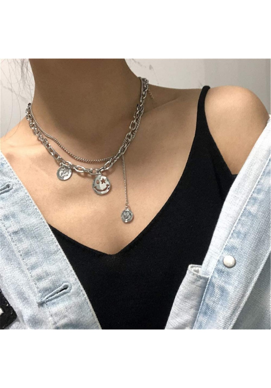 Layering Heavy Gothic Grunge Smile Pendant Necklace Statement Short Chain Punk Multilayer Steel Material Choker Necklace for ...