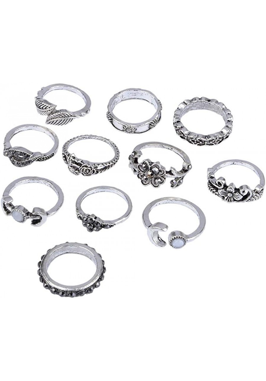 Women 11pcs/Set Rings Bohemian Vintage Silver Stack Rings Above Knuckle Blue Rings Set $7.83 Stacking