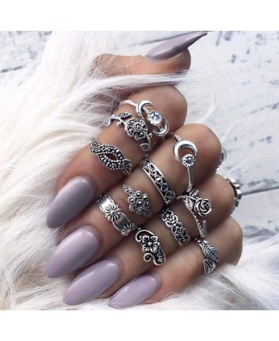 Women 11pcs/Set Rings Bohemian Vintage Silver Stack Rings Above Knuckle Blue Rings Set $7.83 Stacking