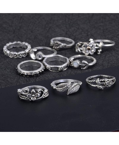 Women 11pcs/Set Rings Bohemian Vintage Silver Stack Rings Above Knuckle Blue Rings Set $7.83 Stacking