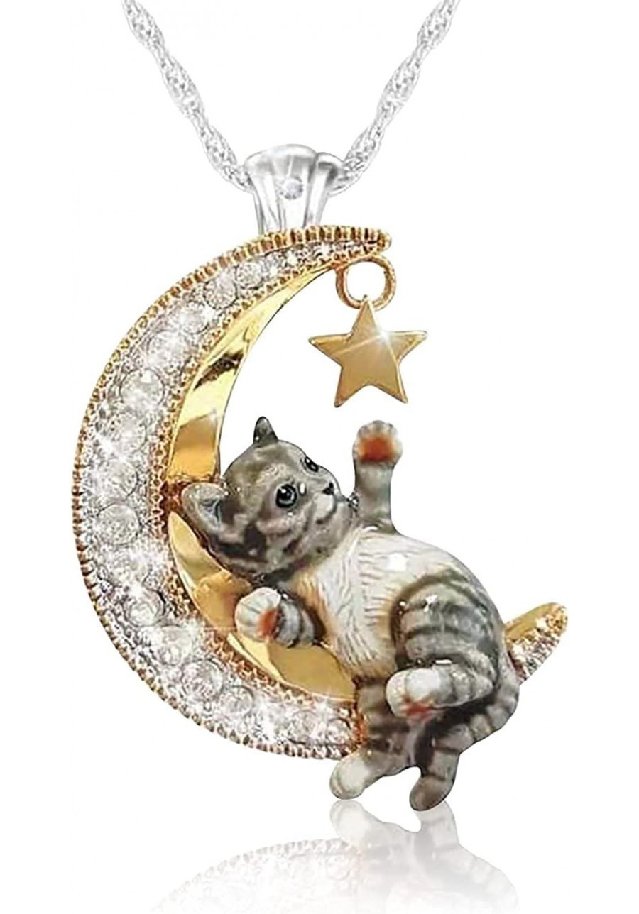 Crescent Necklaces for Women Cute Cat Moon Star Pendant Necklace Fashion Vintage Two Tone Shiny Diamond Encrusted Crystal Cub...