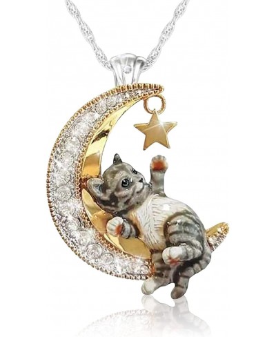 Crescent Necklaces for Women Cute Cat Moon Star Pendant Necklace Fashion Vintage Two Tone Shiny Diamond Encrusted Crystal Cub...