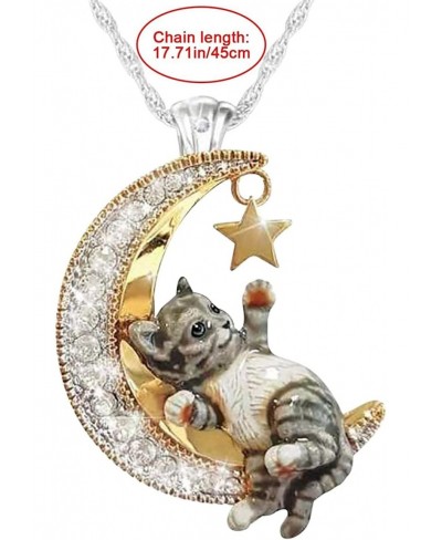 Crescent Necklaces for Women Cute Cat Moon Star Pendant Necklace Fashion Vintage Two Tone Shiny Diamond Encrusted Crystal Cub...