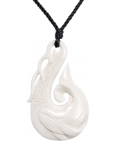 Women's Men's Hand Carved Bone Sea Waves Maori HEI Matau Hook Whale Pendant Necklace $33.19 Pendant Necklaces