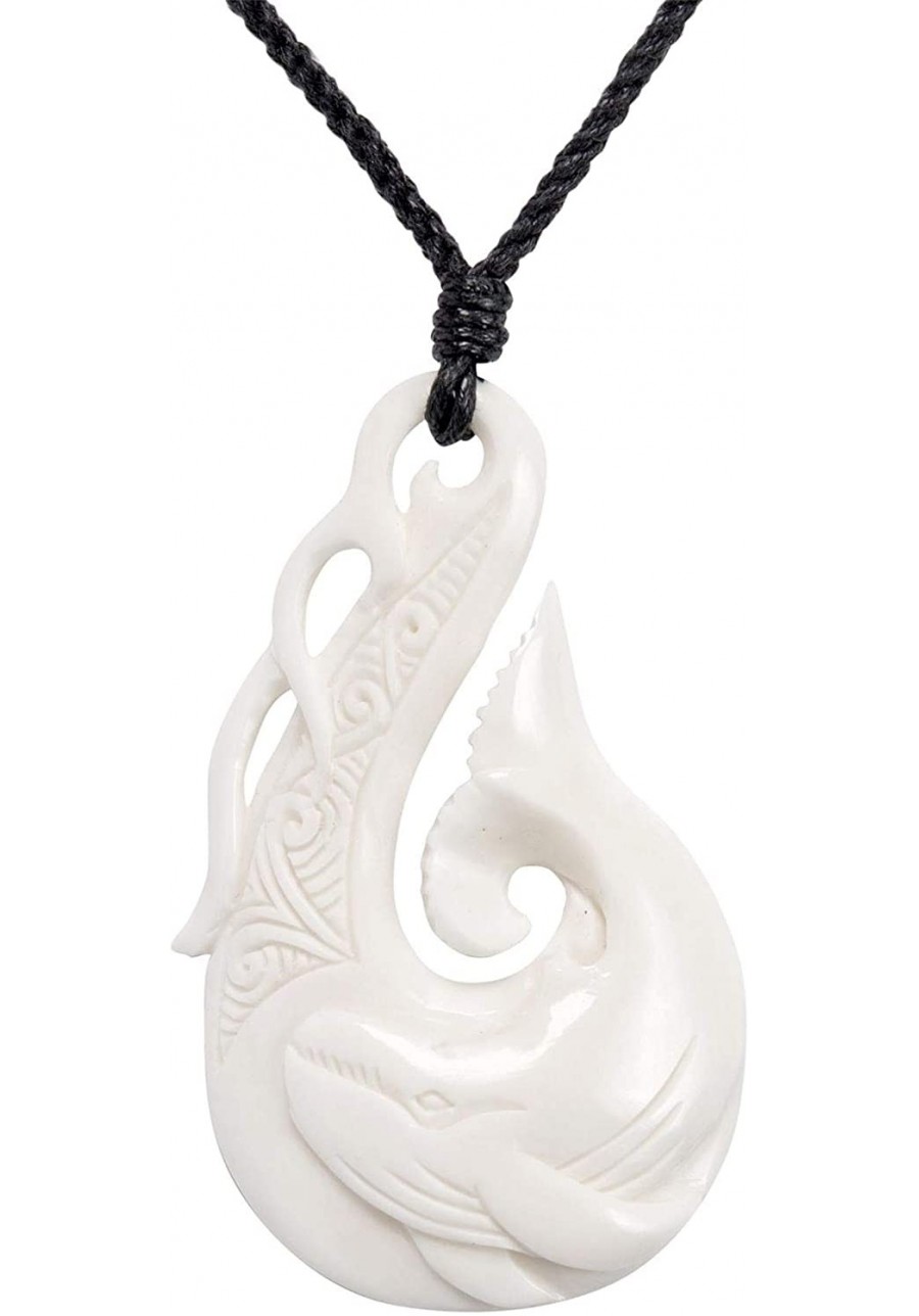 Women's Men's Hand Carved Bone Sea Waves Maori HEI Matau Hook Whale Pendant Necklace $33.19 Pendant Necklaces