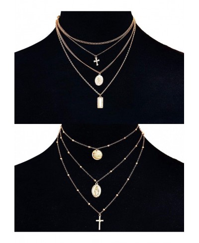 2PCS Layered Choker Necklaces for Women Tag Coin Cross Crucifix Blessed Virgin Mary Pendant Necklace Chain Silver Tone Gold T...