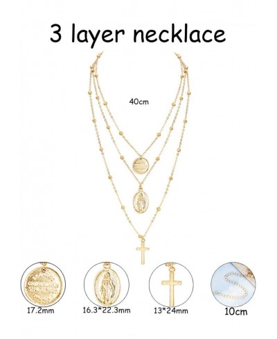 2PCS Layered Choker Necklaces for Women Tag Coin Cross Crucifix Blessed Virgin Mary Pendant Necklace Chain Silver Tone Gold T...