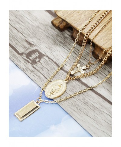 2PCS Layered Choker Necklaces for Women Tag Coin Cross Crucifix Blessed Virgin Mary Pendant Necklace Chain Silver Tone Gold T...