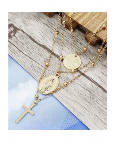 2PCS Layered Choker Necklaces for Women Tag Coin Cross Crucifix Blessed Virgin Mary Pendant Necklace Chain Silver Tone Gold T...