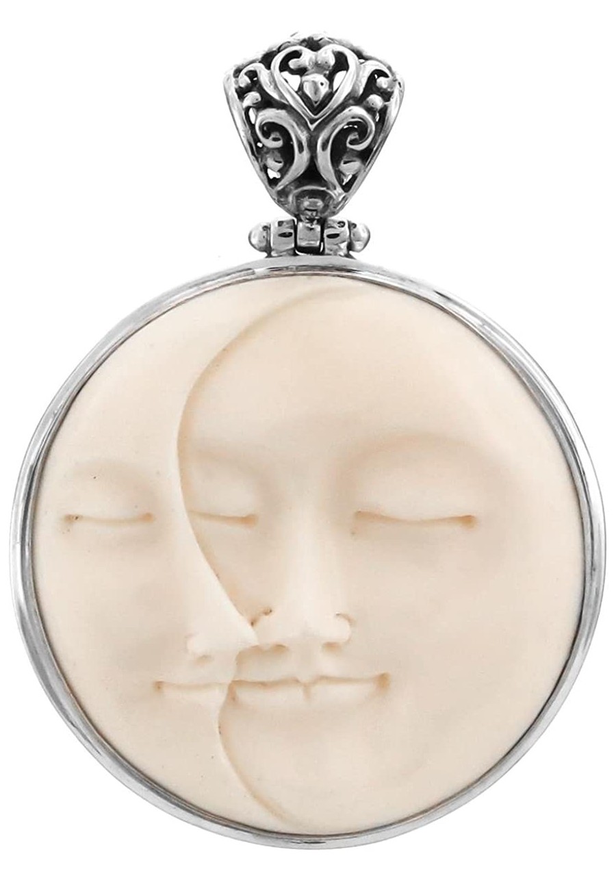 Carved Sun Crescent Moon Moonface Duo Goddess Bison Bone 925 Sterling Silver Pendant 1 3/4 $30.37 Pendants & Coins