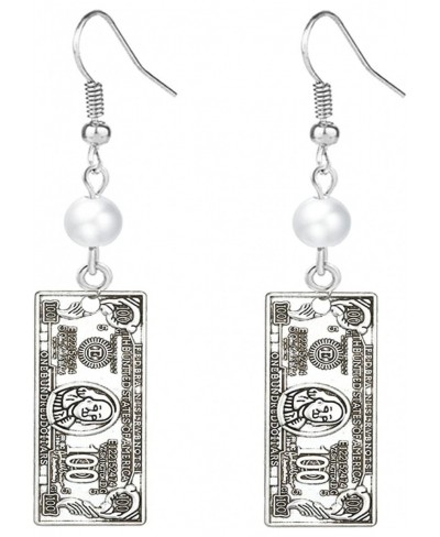 Money Pearl Earrings for Women Girls Punk Antique Silver Hiphop 100 Dollar Sign Bill Money Currency Dangle Drop Paper Cash Ea...