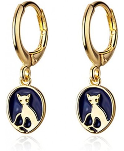 Yellow Gold Cat Dangle Hoop Earrings S925 Sterling Silver Lovely Pet Animal Cat Round Huggie Hoops Studs Dangling Coin Cute J...