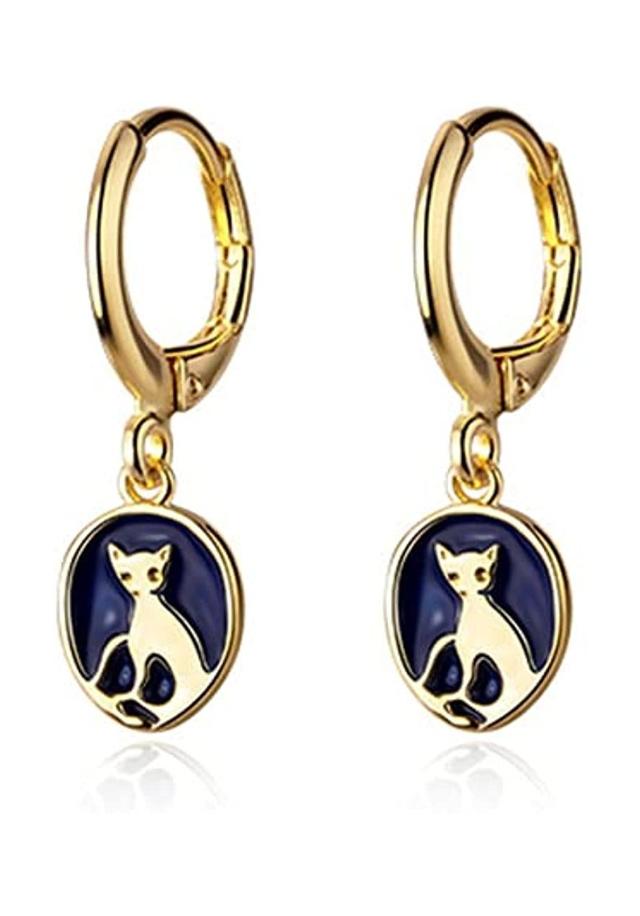 Yellow Gold Cat Dangle Hoop Earrings S925 Sterling Silver Lovely Pet Animal Cat Round Huggie Hoops Studs Dangling Coin Cute J...