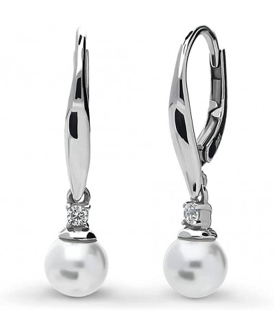 Rhodium Plated Sterling Silver White Round Imitation Pearl Solitaire Leverback Anniversary Fashion Dangle Drop Earrings $39.6...