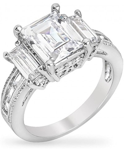 Rhodium Plated Celebrity Engagement Ring with Large Emerald Cut CZ Triplet with More Round Cut CZ $27.55 Engagement Rings