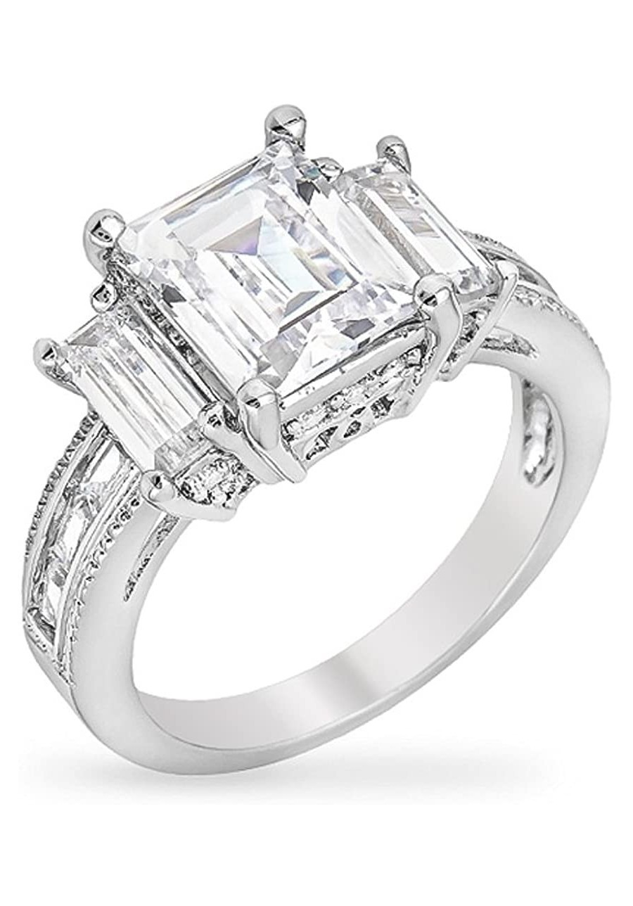 Rhodium Plated Celebrity Engagement Ring with Large Emerald Cut CZ Triplet with More Round Cut CZ $27.55 Engagement Rings